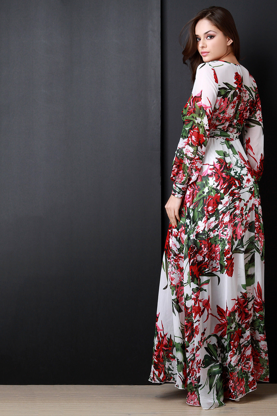 New V-neck Long-sleeved Printed Chiffon Maxi Dress