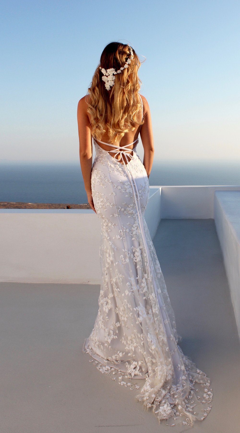 Summer Bridal Wedding Dress Deep V-neck Sleeveless Backless Bandage Sling Lace Dresses