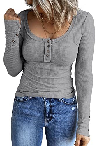 Women's Long Sleeve Shirts Casual Fall Henley Top Button Down Blouses Basic Ribbed Knit T Shirts