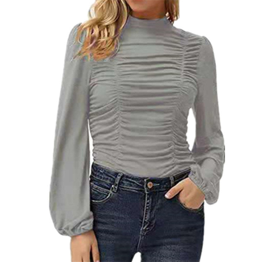 Autumn and Winter Women's New Solid Color Long Lantern Sleeves High Collar Pleated Slim T-shirt