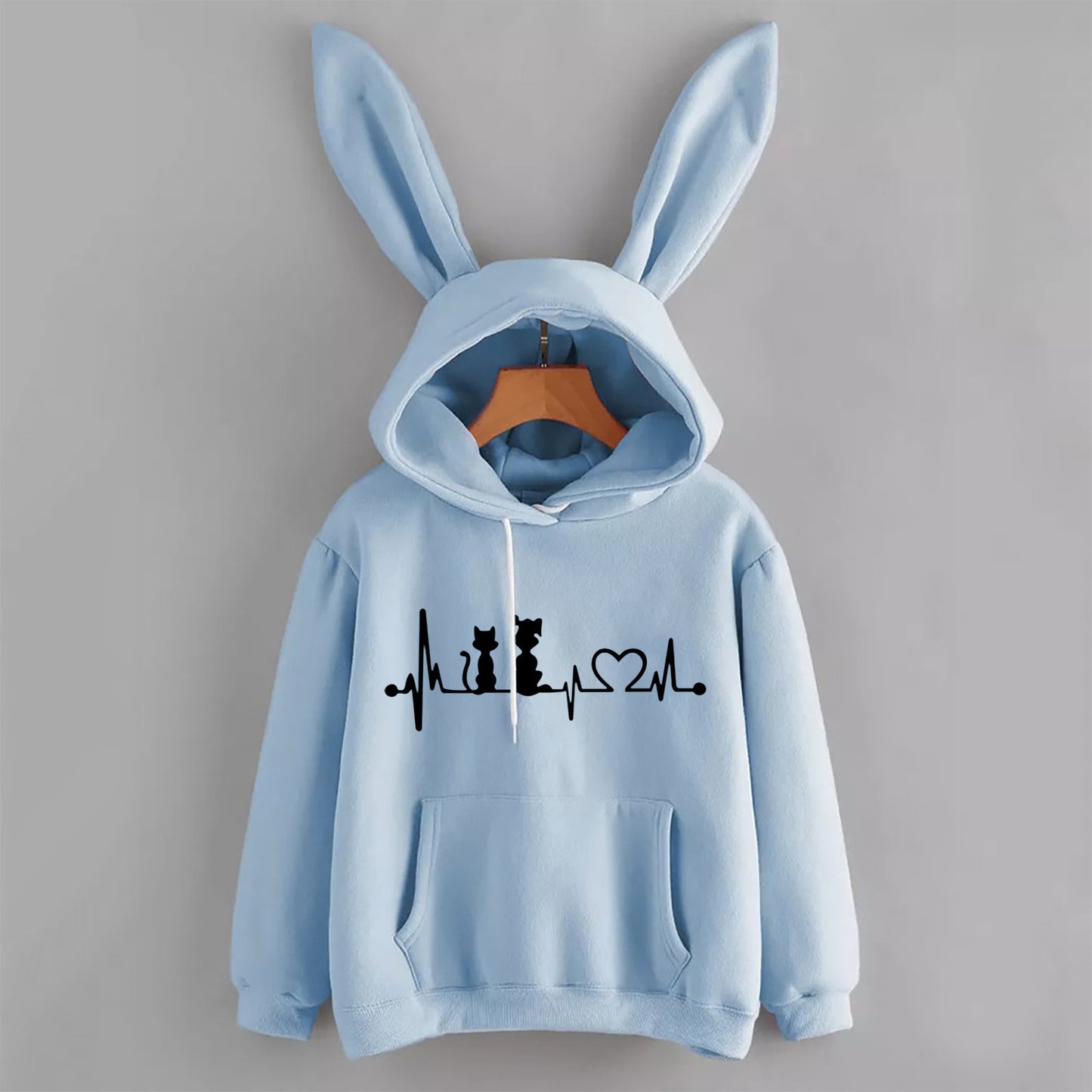 Women's fashion new hoodie rabbit ears cat print long-sleeved hooded sweatshirt