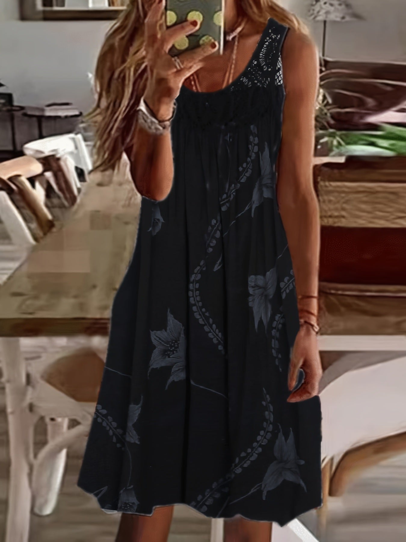 Plus Size Casual Tank Dress; Women's Plus Floral Print Eyelet Embroidered Round Neck Maxi Tank Dress