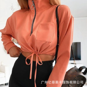 autumn and winter new women's casual stand-up collar shirt solid color zipper long-sleeved pullover sweater