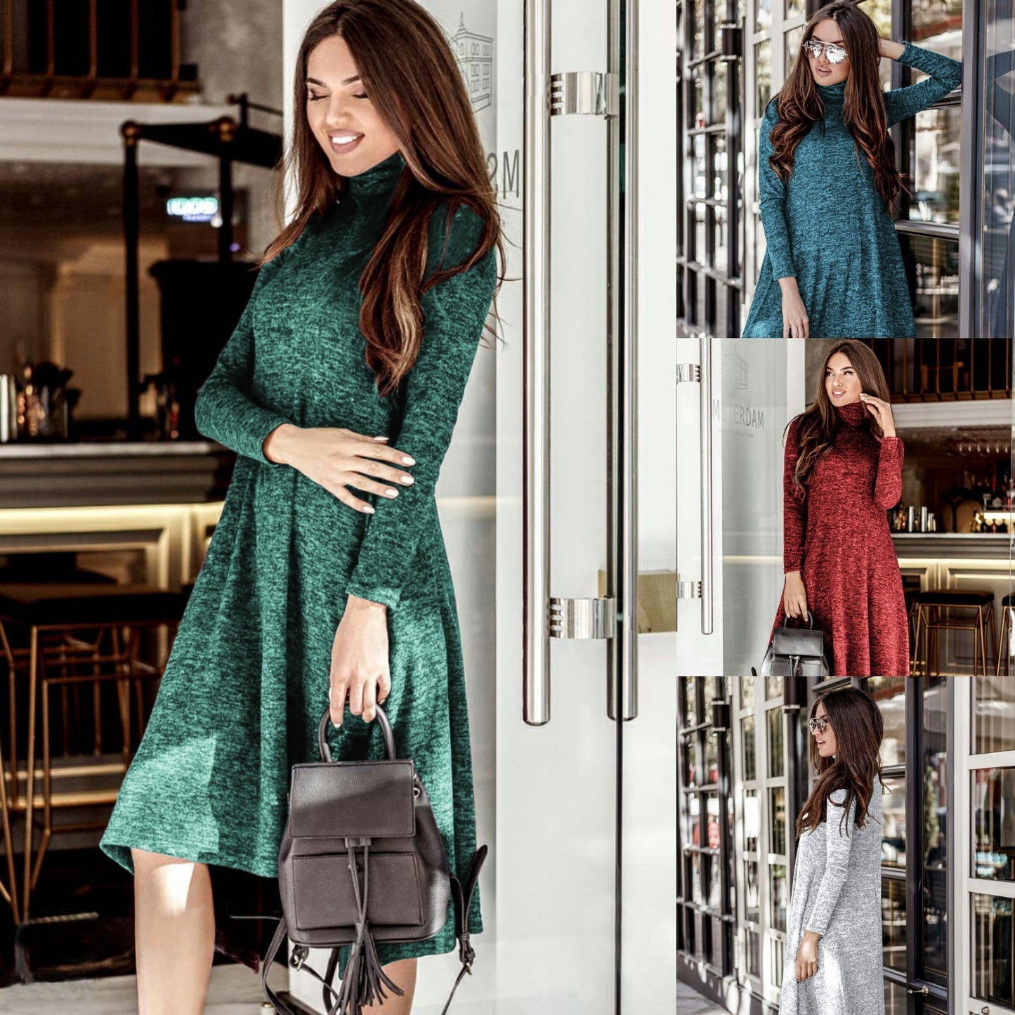 New Autumn Hot Women's High Collar Long Sleeve Solid Color Dress