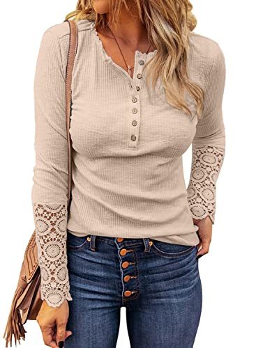 Womens Ribbed Knit Henley Long Sleeves Tunic Lace Tops V Neck Button Shirts Casual Slim Fit Blouses