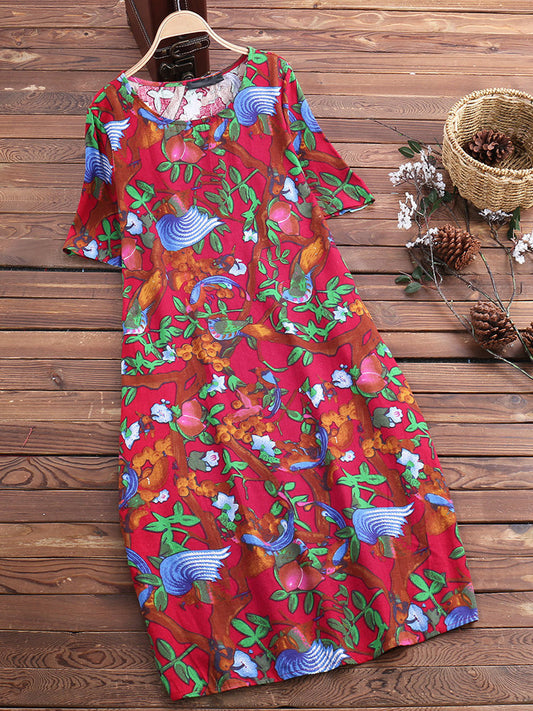 women's new round neck print short-sleeved long dress