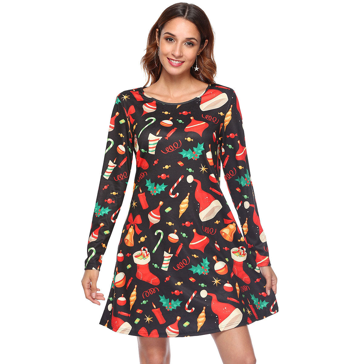 autumn and winter new European and American Christmas dress women's printed A word pocket dress