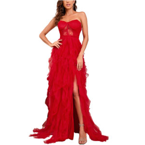 Women Evening Dress Trailing Ball Gown Plus Size S-5XL Sexy Tube Top Slit Hem Lace Tulle Dress Slim Fit Classic Black Red Spring Summer Autumn