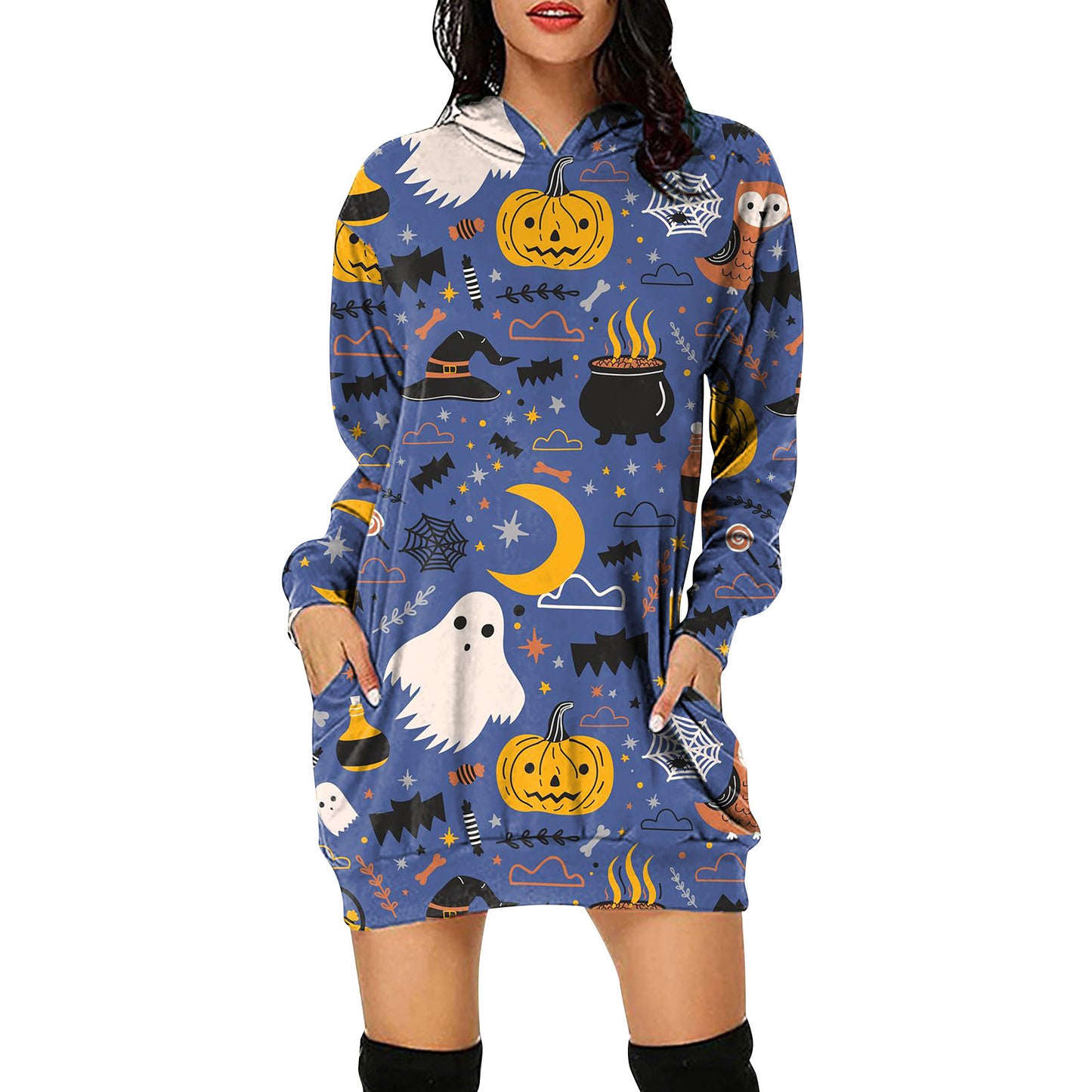 2021 Autumn And Winter Halloween Women's Digital Printed Hooded Long Sleeve Dress