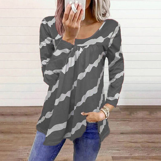 autumn and winter new women's tops striped printed loose long-sleeved t-shirt