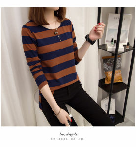 Spring and Autumn Wear Loose Korean Version of The Thick Stripe Super Thin Hooded Base T-shirt Female Large Size Long-sleeved Shirt