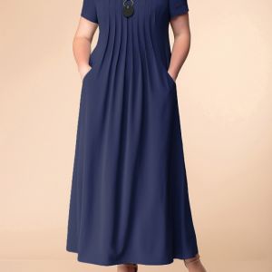 Plus Size Basic Dress; Women's Plus Plain Short Sleeve Pleated Round Neck Maxi Dress With Pockets