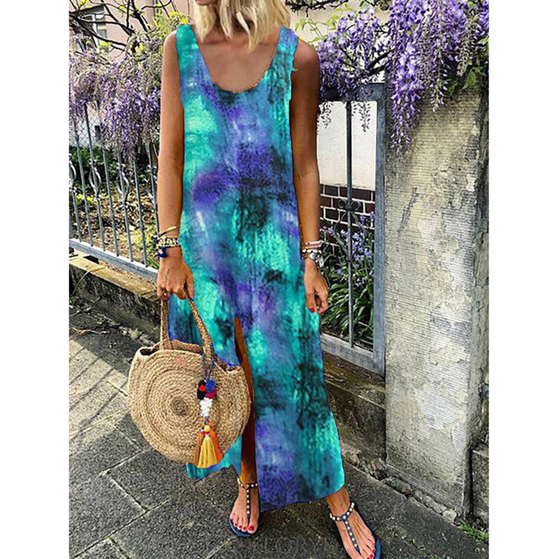 Summer New Women's Sleeveless Printed Bohemian Long Split Dress