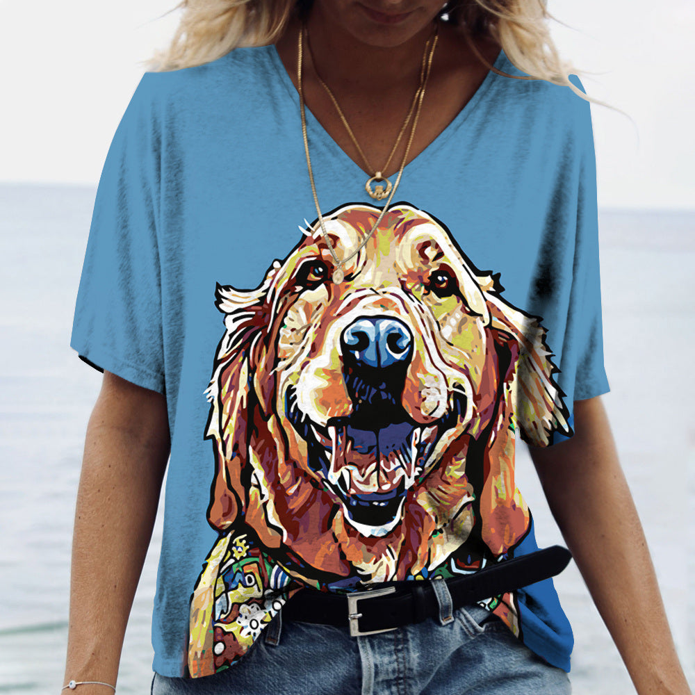 Women's V-neck Top Short Sleeve T-shirts Summer New 3D Cute Dog Print Casual Lovely Harajuku Versatile