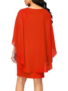 Plus Size Solid Round Neck 3/4 Sleeve Cape Midi Dress; Women's Plus Elegant Slight Stretch Cape Midi Dress