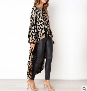 Hot Spring and Autumn Sexy Leopard Print Long Sleeve Irregular Women Dress