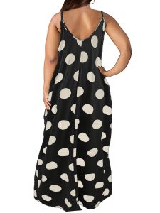 Plus Size Casual Dress; Women's Plus Dot Print V Neck Cami Maxi Dress With Pockets