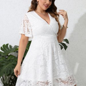 Plus Size Contrast Lace V Neck Ruffle Hem Midi Dress; Women's Plus Medium Stretch Elegant Bridal Wedding Dress