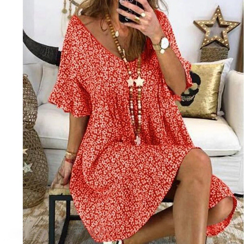 summer new women's wide V-neck loose trumpet sleeve print dress