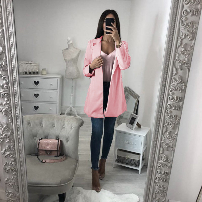 Women Fashion Simple OL Lapel Small Suit Long Sleeved Jacket with Belt