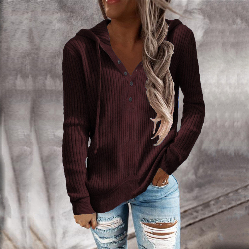 Autumn and Winter New Striped Casual Hooded Sweater Loose Knit Sweater Open Collar Long-sleeved Sweater Women