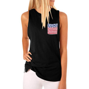 New Women's Round Neck Vest Pocket Star Flag Print Sexy Sleeveless T-shirt