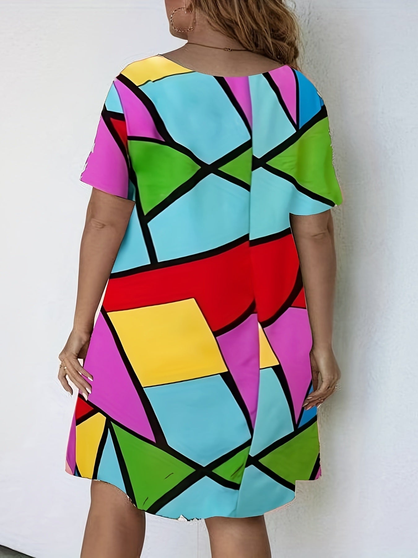 Plus Size Modest Dress; Women's Plus Colorblock Short Sleeve Round Neck Slight Stretch Dress