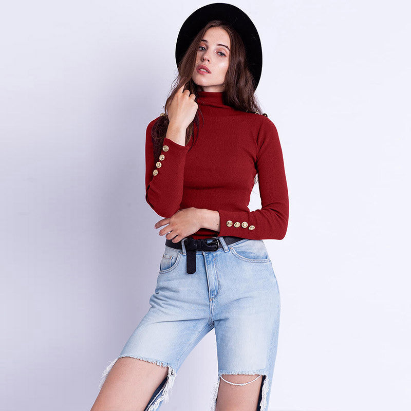 New women's high collar button decorated long sleeve knit bottoming shirt