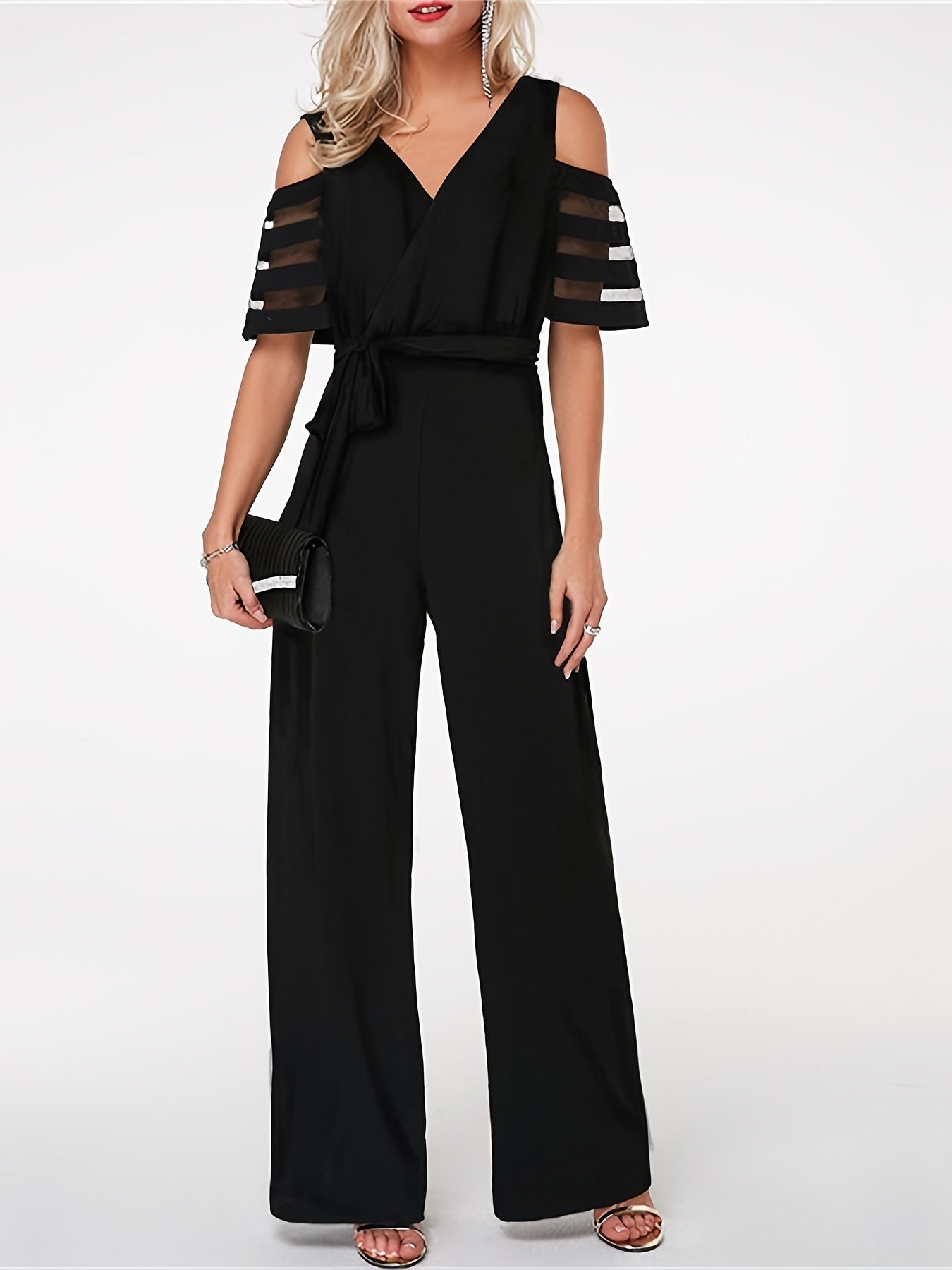 Solid V Neck Off Shoulder Short Sleeve Knitted Long Straight Jumpsuit; Elegant Loose Maxi Party Jumpsuit