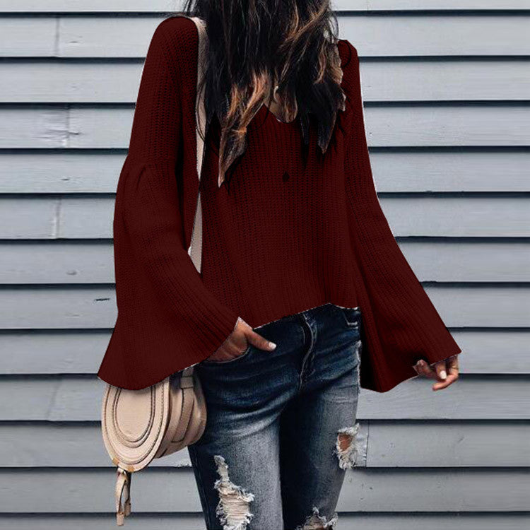 Fashion trend solid color sexy v-neck wool crater loose trumpet sleeves long-sleeved sweater top