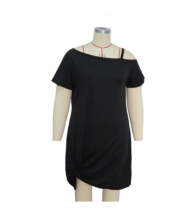 Women Plus Size Mini Dress Summer Hot Sale Fashion Solid Color One Shoulder Sling Swivel Hem Sexy Elegant Soft Breathable Black