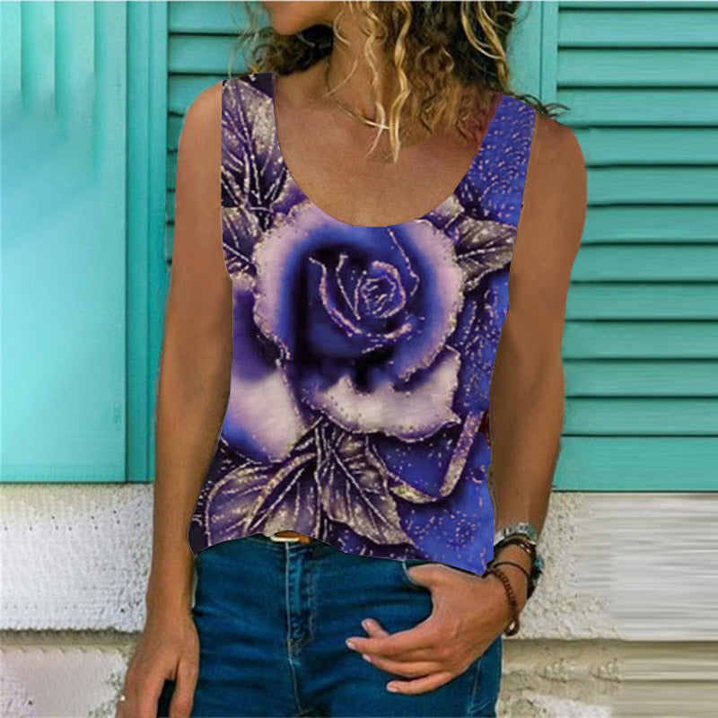 fashion women's summer new product T-shirt round neck 3D rose print sleeveless T-shirt loose vest