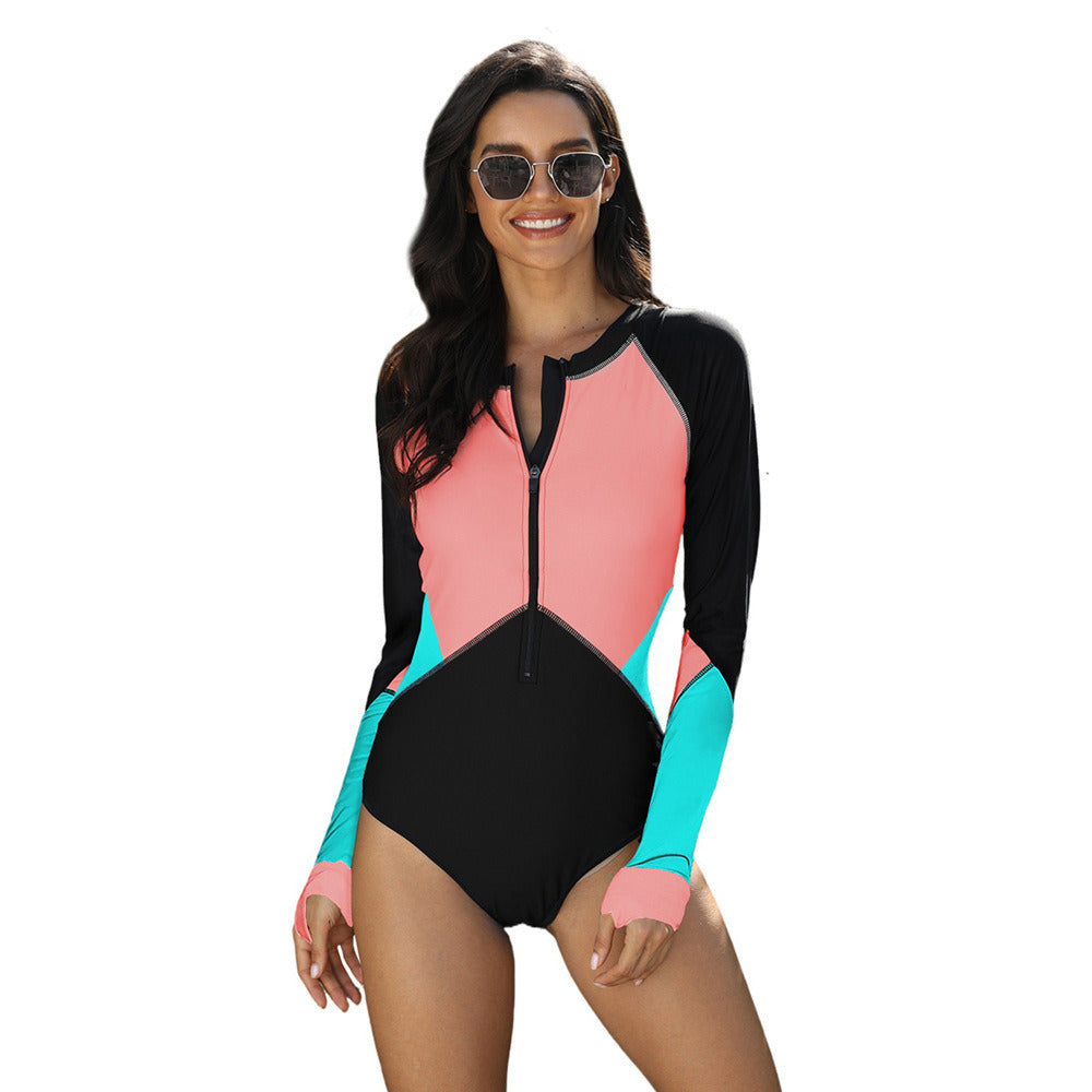 Womens Long Sleeve Shirt Color Block Print Tankini Swimsuit