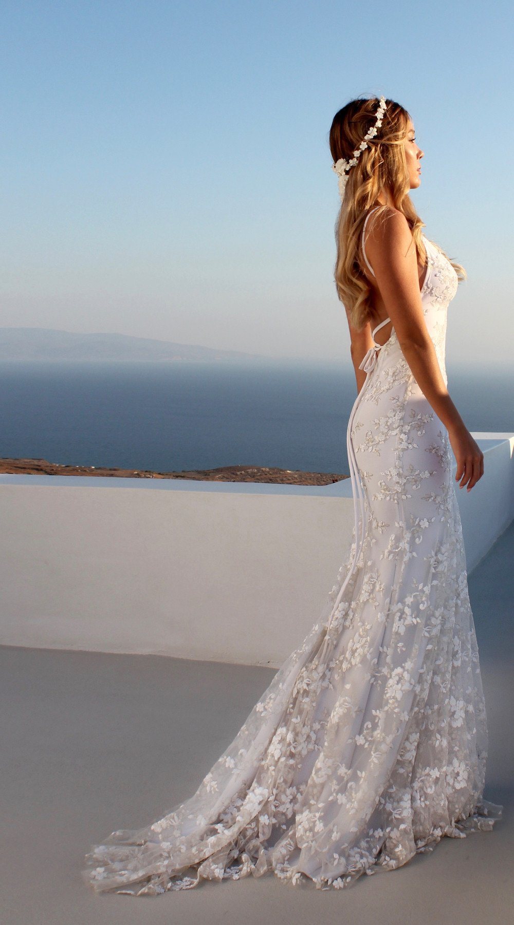 Summer Bridal Wedding Dress Deep V-neck Sleeveless Backless Bandage Sling Lace Dresses