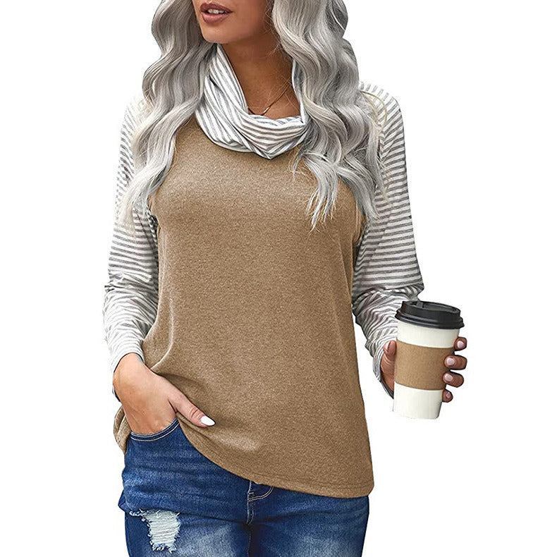 Women's Stitching Long Sleeve Stack Neck Top Striped Sleeve Printed T-Shirt