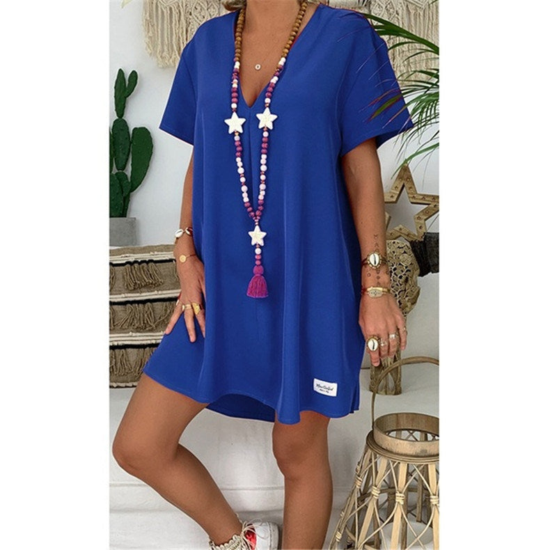 European and American new women's fashion V-neck short-sleeved fruit loose dress