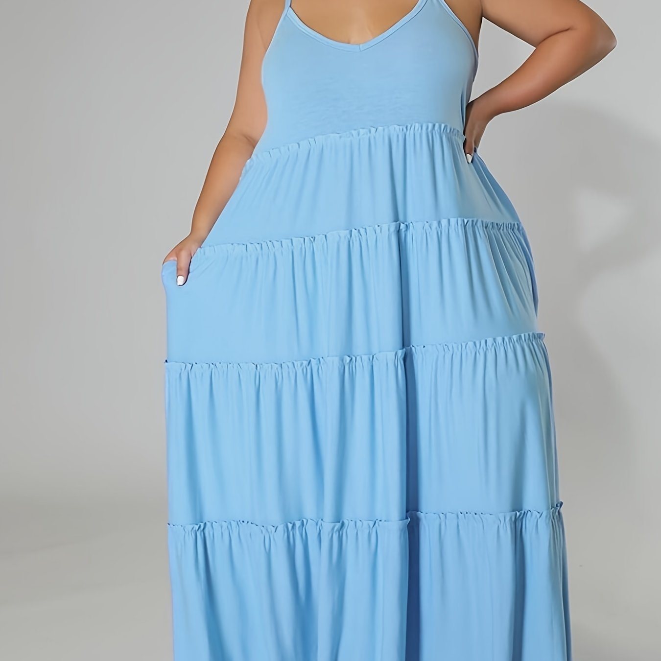 Plus Size Solid Layered Loose Fit Cami Maxi Dress; Women's Plus Sexy High Stretch Long Cami Dress