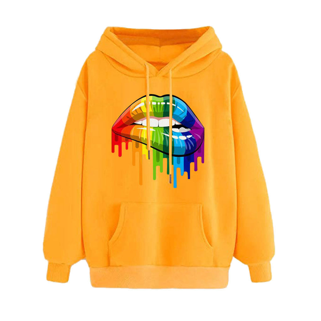 Autumn and winter new women's rainbow candy color plus velvet hoodie long-sleeved lip print loose hooded hoodie