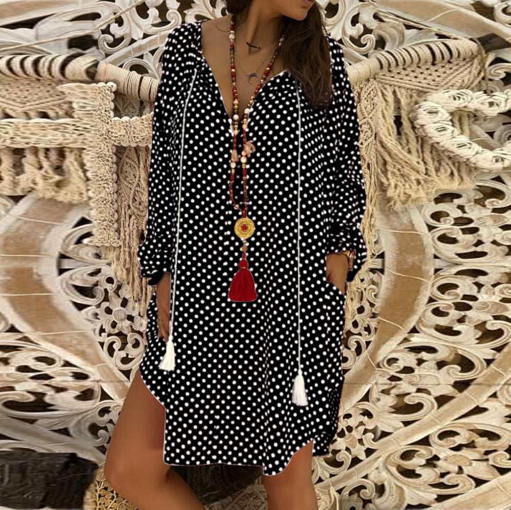 women's new polka dot printed wave point V-neck long-sleeved dress