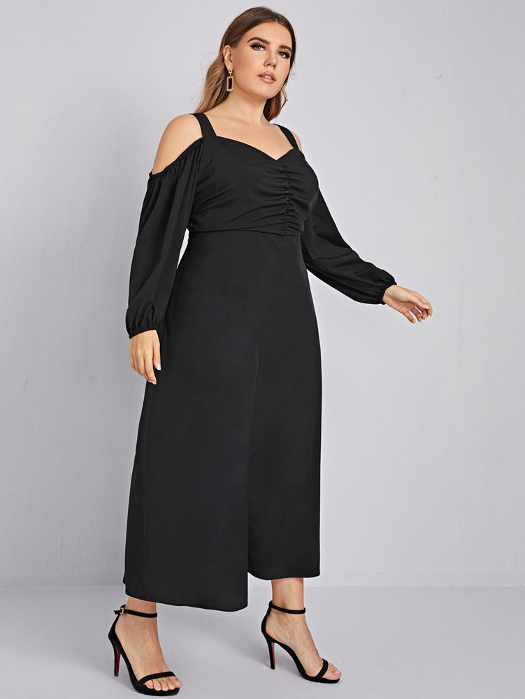 Spring Summer Autumn Plus Size Midi Sling Slit Dress XL-4XL Women Vintage Black Fashion Elegant Long Sleeves Pleated Loose Hem