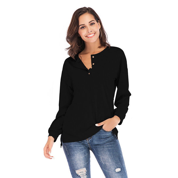 New women's side slit long sleeve button solid color shirt T-shirt