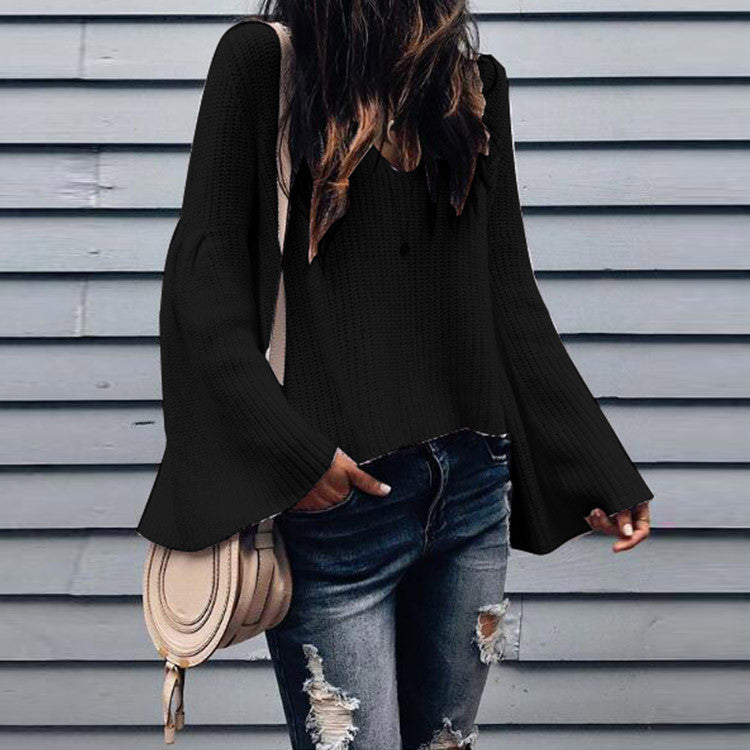 Fashion trend solid color sexy v-neck wool crater loose trumpet sleeves long-sleeved sweater top