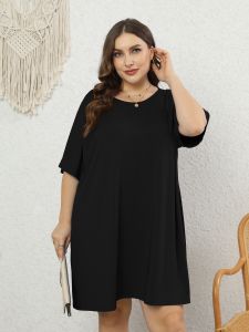 Plus Size Elegant Dress; Women's Plus Solid Round Neck Short Sleeve Knee Length Tee Dress