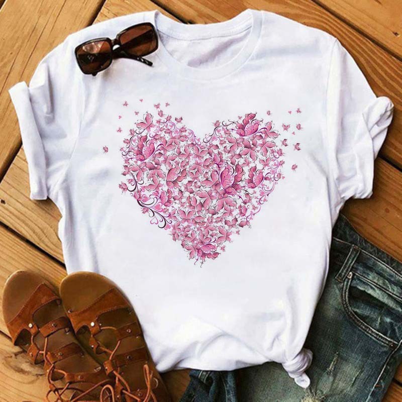 Watercolor Butterfly Heart Printed T Shirt New Women T--Shirt Harajuku Cute Graphic Tee Shirt Ladies Casual Female Tops Tee