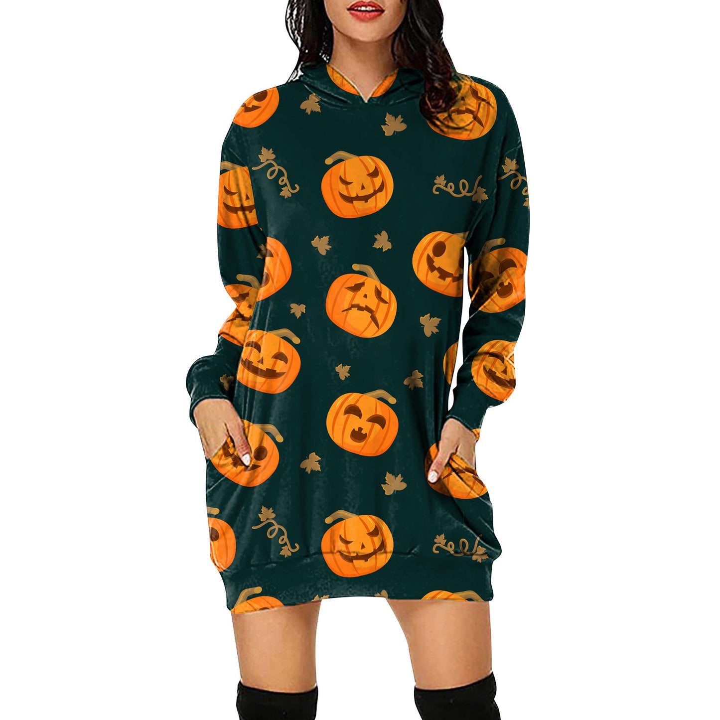 2021 Autumn And Winter Halloween Women's Digital Printed Hooded Long Sleeve Dress