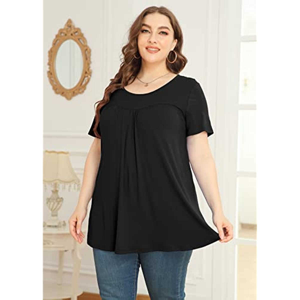 Women's Plus Size Short & Long Sleeve Tunic Tops Scoop Neck Loose T Shirt Blouse for Leggings