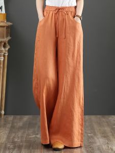 Solid Color Literary Cotton Linen Wide Leg Pants; Women's Trousers