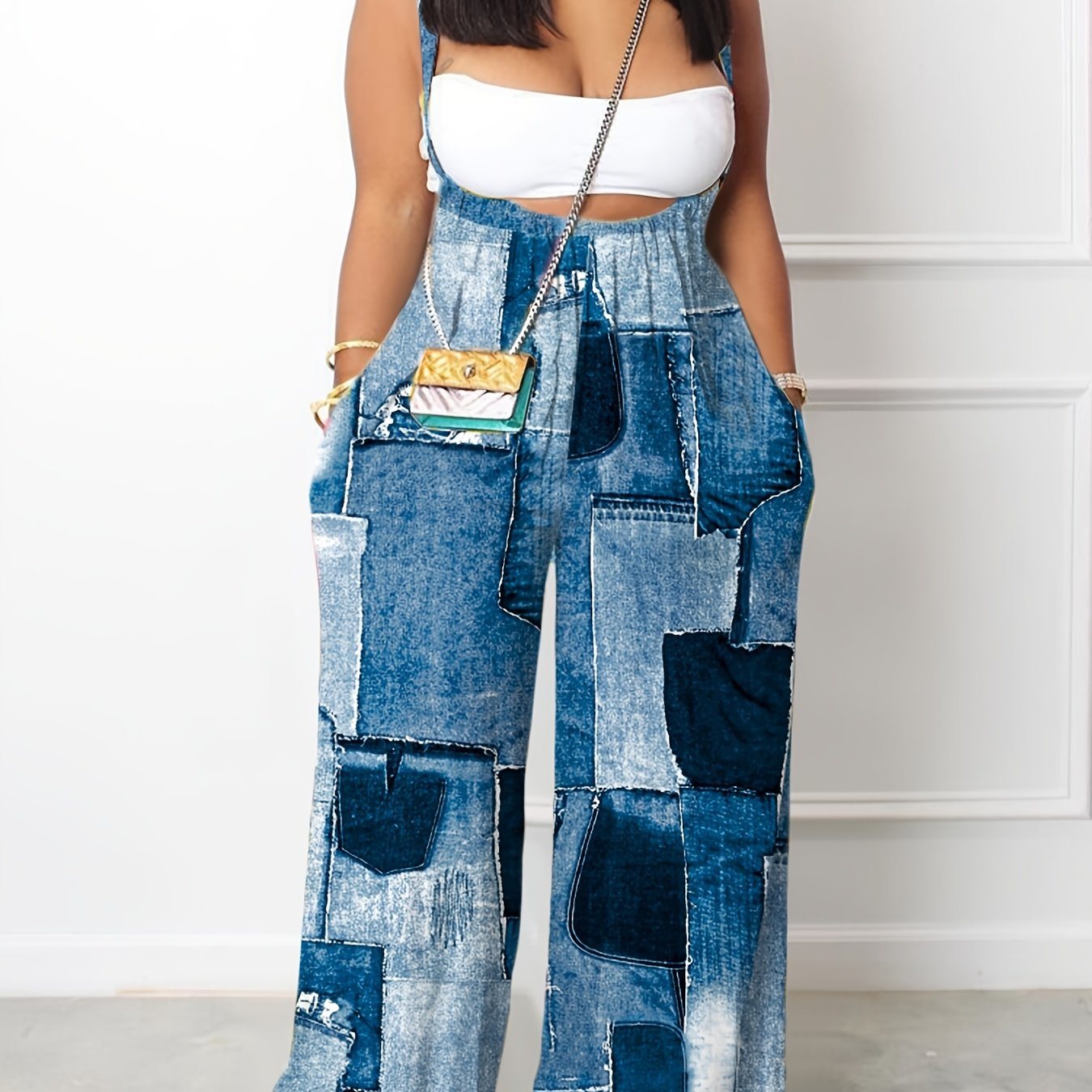 Hippie Patchwork Denim Print Sleeveless Cami Jumpsuits; Wide Leg Long Length Casual Jumpsuits