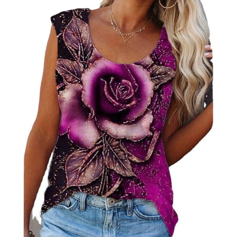 Women's Rose Flower Printed Women's Loose Vest Sleeveless Top