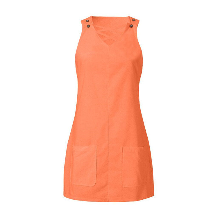 Women's fashion new V-neck adjustable patch pocket strap dress